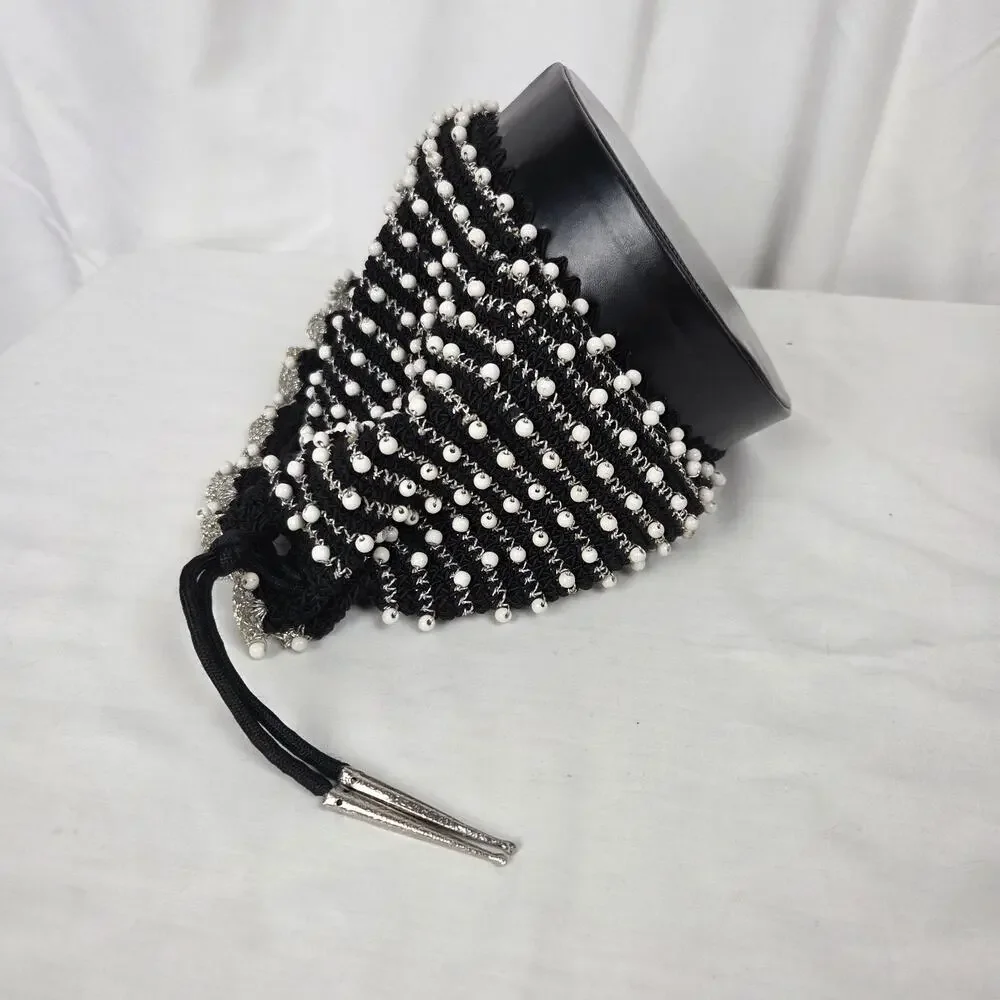Vintage Drawstring Bag Mad Men 1950s Evening Purse Black Tie White Beaded Silver